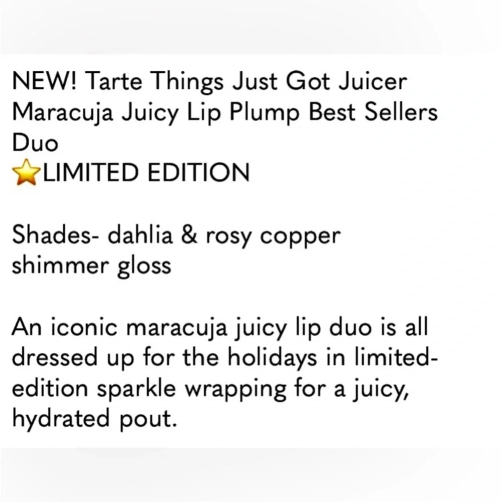 tarte Maracuja Juicy Lip Plump Duo | Dahlia & Rose Copper Shimmer Lip Glass NEW